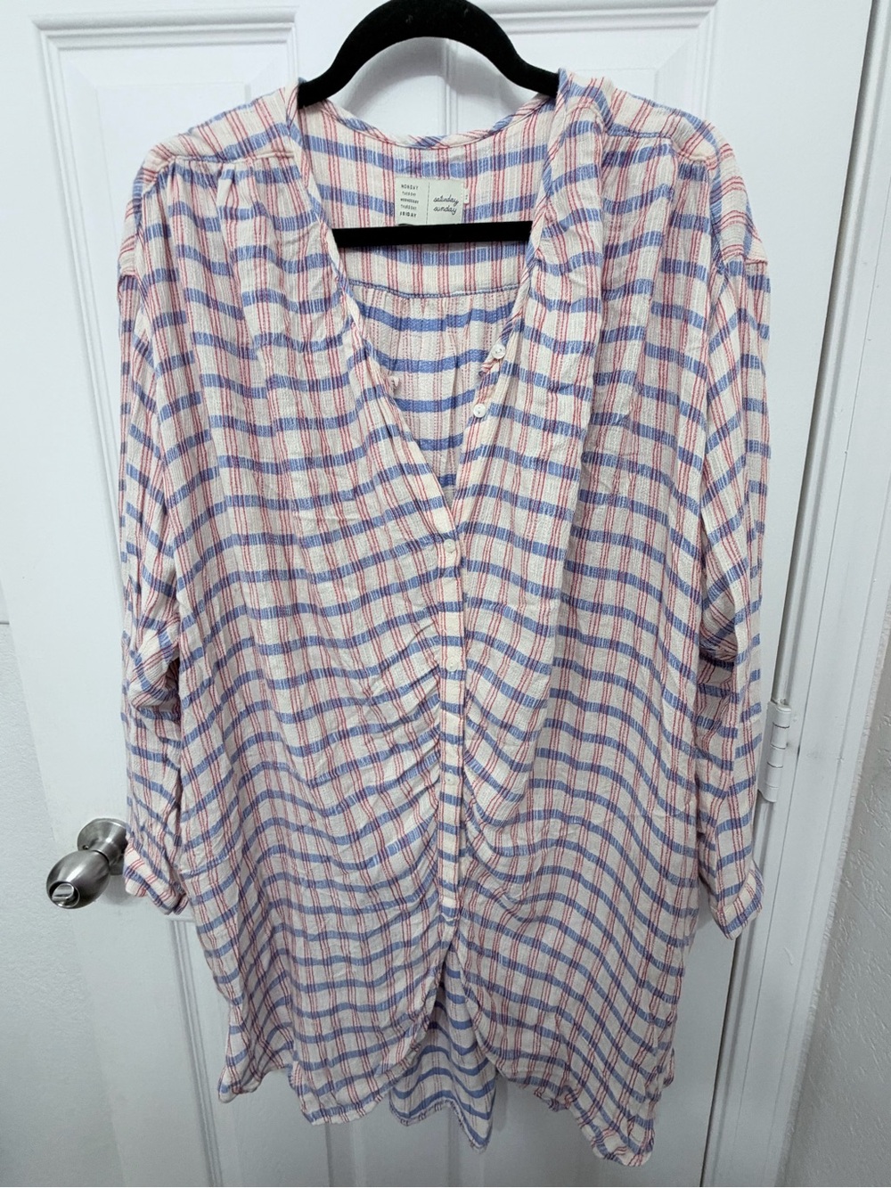 Saturday Sunday Anthropologie Plaid Tunic Shirt Women XS Blue Red Oversized 0071
